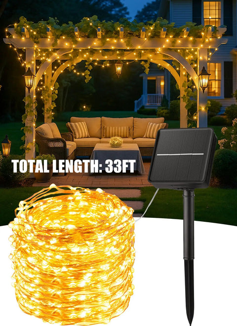 Solar Fairy Lights Outdoor 33 Ft 100 LED Warm White String Lights IP65 Waterproof for patio tree garden decor with solar panel