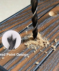 12 Inch Extra Long Brad Point Drill Bit Set 12 Pc Pro Grade High Carbon Steel drilling wood surface close-up