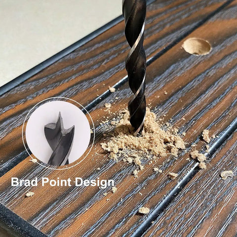 12 Inch Extra Long Brad Point Drill Bit Set 12 Pc Pro Grade High Carbon Steel drilling wood surface close-up