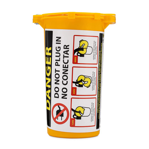 Large Electrical Plug Lockout Device for Safe Maintenance Universal Lockout Box That Really Keeps Outlets Locked With Padlocks Recycled Plastic USA Made Yellow front view