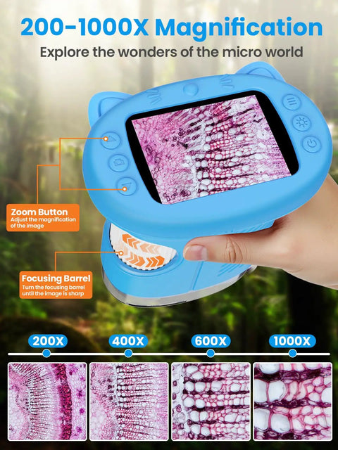 Kids Handheld Digital Microscope 1000X Magnification With 2.4 Inch HD Screen 2MP Images Durable ABS Silicone Build Cool Kid Friendly Educational STEM Toy For Ages 3 And Up Blue Easy Pocket Microscope Gift For Curious Young Scientists, handheld view