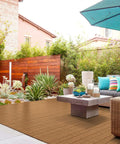 Outdoor patio with Interlocking Wood Deck Tiles 12x12 Inch Set Of 9 Waterproof Outdoor Flooring For All Weather Use In Khaki Pine Wood