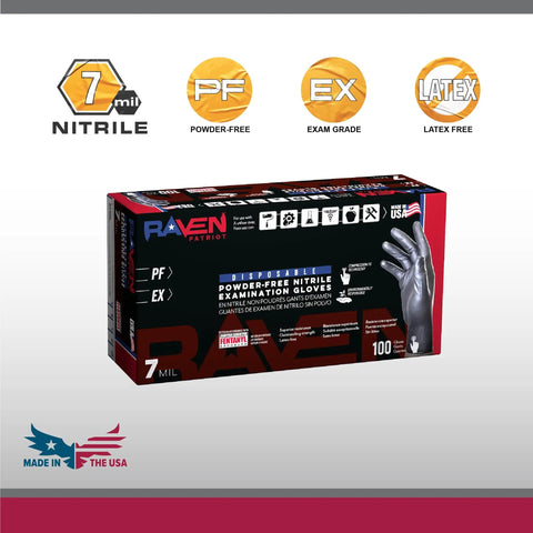 Top Shelf Black Nitrile Disposable Gloves Powder Free Latex Free With Textured Grip And Compression Fit Xl 7 Mil Heft Built Badass For Auto Detailing Paint Jobs Garage Grind And Food Service Shifts Sealed In A Box Of One Hundred packaging with icons and large text