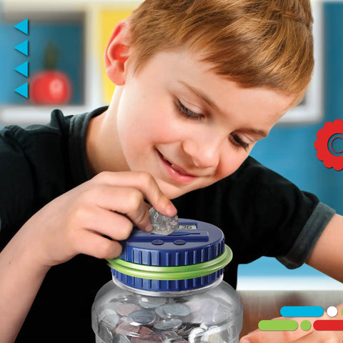 Child inserting coin into Digital Coin Counter Money Jar With LCD Display And Automatic Piggy Bank For US Coins Battery Powered
