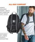 Back view of Arsenal 5188 Jobsite Backpack With Hard Hat Storage featuring padded shoulders and breathable mesh lining