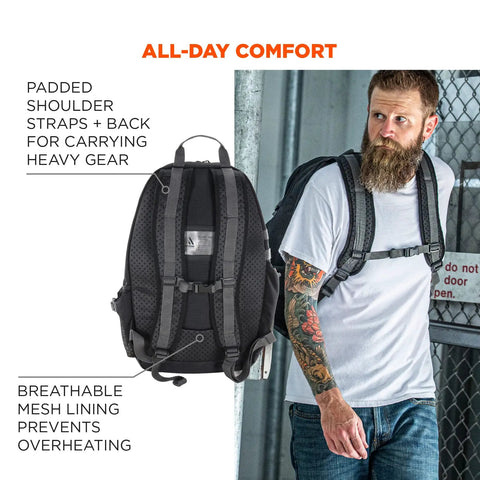 Back view of Arsenal 5188 Jobsite Backpack With Hard Hat Storage featuring padded shoulders and breathable mesh lining