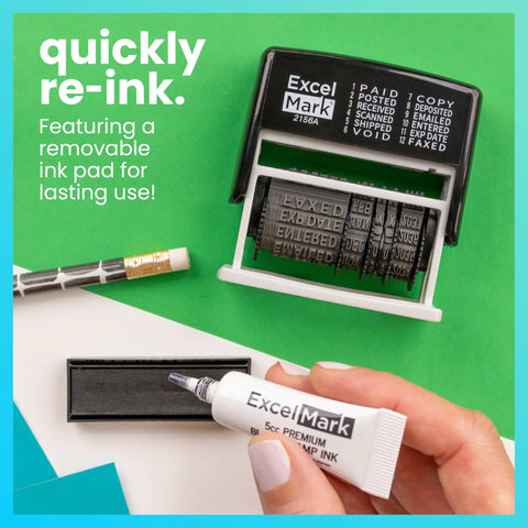 Workhorse Self Inking Date Stamp With Twelve Rotatable Bands For Paid Received Posted Scanned Shipped Void Verified And Full Year Setup Built To Last For Busy Office Crews with removable ink pad and ink cartridge.