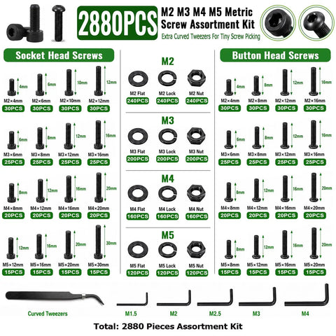 Metric Flange Bolt And Nut Kit 3200-Piece Hardware Assortment For DIYers And Tinkerers With Hex Flange Head Bolts Socket Button Head Bolts And Cap Head Screws M2 To M10 For Garage Projects And Auto Maintenance, 2880-piece metric screw assortment