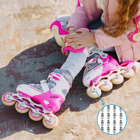Child sitting wearing pink inline skates with Aluminum Skate Bearing Spacers Kit With 16 Pieces 6mm Axle Fits 8mm Bearings inset shown.