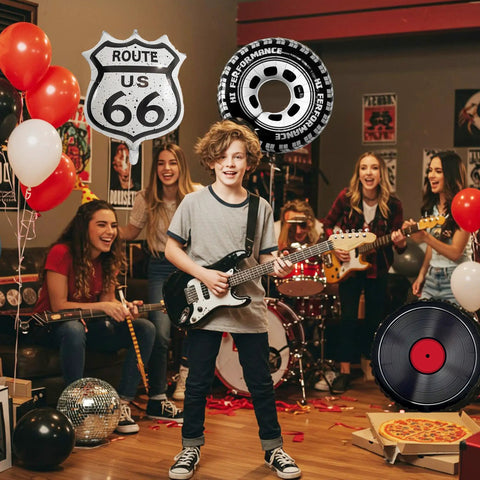 Route 66 Retro Party Balloons Kit With Vintage Car Tire Decor And Vinyl Record Foil Balloons in a rock and roll party scene