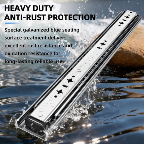 Beefy Heavy Duty Drawer Slides 22 Inch Long, 53 mm Wide, 2.1 Inches Full Extension 3 Fold, Ball Bearing shown with water resistance.