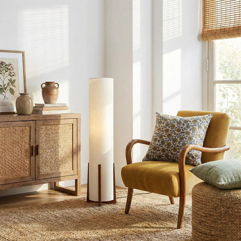 48 Inch Paper Lantern Floor Lamp With Wood Frame Asian Inspired Tower Shade in cozy living room setting