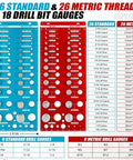 Image of Go To 70 Size Nut And Bolt Thread Checker with 26 Standard, 26 Metric, and 18 Drill Gauges showing size chart.
