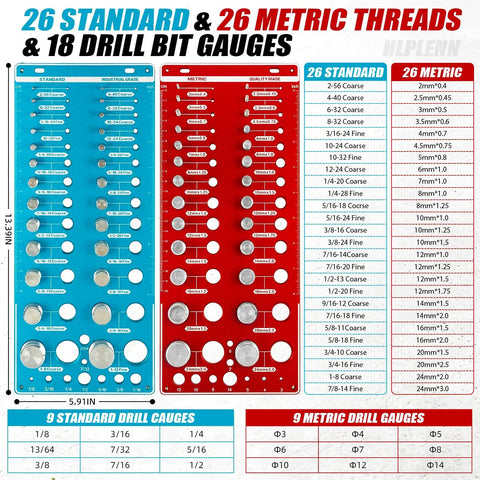 Image of Go To 70 Size Nut And Bolt Thread Checker with 26 Standard, 26 Metric, and 18 Drill Gauges showing size chart.