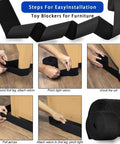 Adjustable Under Couch Blocker With Hella Secure Elastic Strap blocks toys during installation steps on wooden floor.