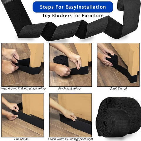 Adjustable Under Couch Blocker With Hella Secure Elastic Strap blocks toys during installation steps on wooden floor.