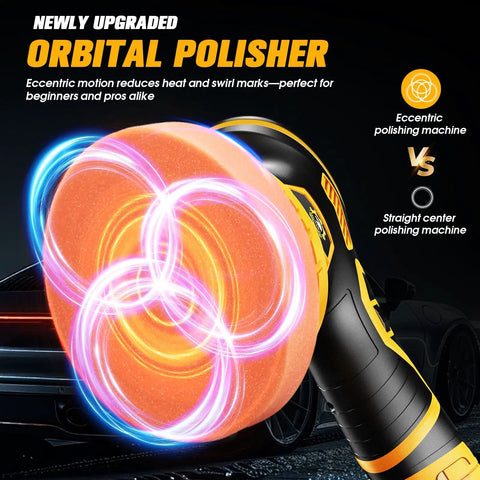 Visual of Cordless Car Buffer Polisher Kit With 2x 2000mAh 21V Batteries, 18 Attachments, 6 Speed Orbital Design, LED Display.