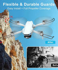 2K HD Camera Drone With FPV For Adults flying near rocky terrain with protective guards and flexible propeller design.