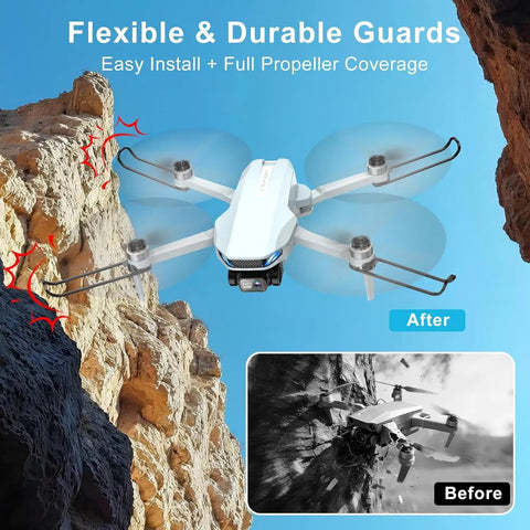 2K HD Camera Drone With FPV For Adults flying near rocky terrain with protective guards and flexible propeller design.