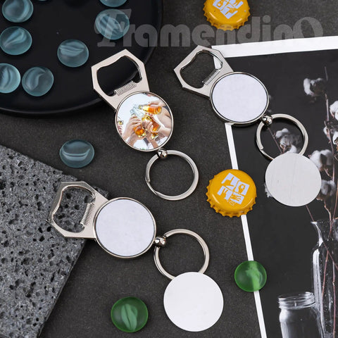 10 Pack Sublimation Bottle Opener Keychains with white sublimation plates and metal key rings for DIY crafts