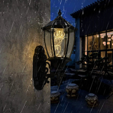 Solar Powered Wall Lamp With Light Sensor Auto On At Night Waterproof Outdoor LED Hexagonal Sconce For Porch Yard Garden Garage Fence Black No Fuss Easy Install Weatherproof Durable Illumination