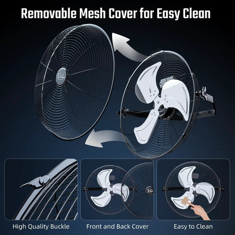 Industrial 18 Inch Wall Mount Fan With 4200 CFM High Velocity Airflow showing removable mesh cover and metal blades.