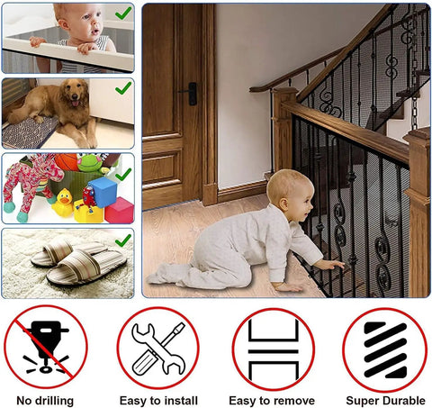 Banister Guard Mesh Net For Stairs And Balconies Kid And Pet Safe Gate 10 ft long by 2.6 ft high securing staircase with infant nearby