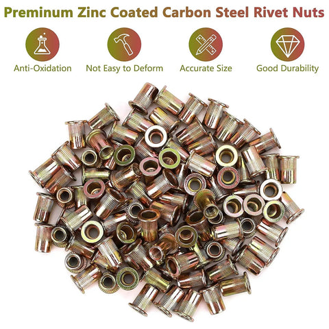 Badass M6 Rivet Nuts Flat Head Threaded Inserts Knurled Zinc Plated Carbon Steel Metric Nutserts, showing a pile of threaded inserts.