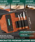 Solid Spoon Carving Kit With Dang Sharp Hook And Chip Knives Delivering Knockout Sloyd Whittling Experience showing detailed carving knives and leather roll-up pouch.