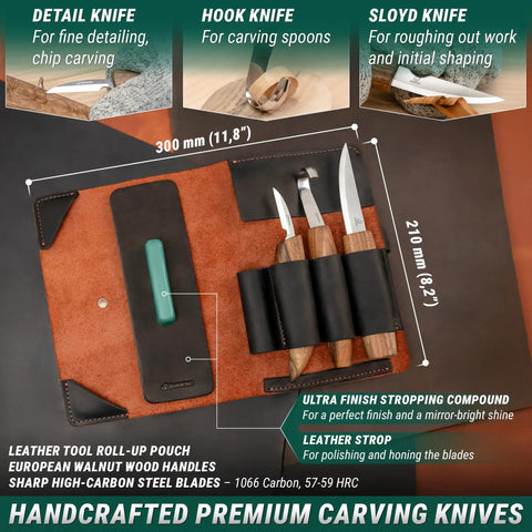 Solid Spoon Carving Kit With Dang Sharp Hook And Chip Knives Delivering Knockout Sloyd Whittling Experience showing detailed carving knives and leather roll-up pouch.