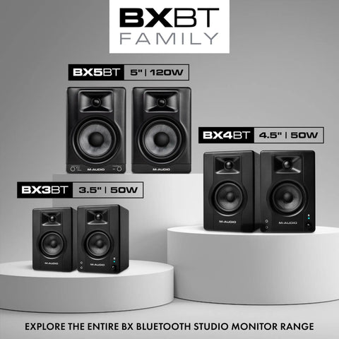 BX5BT 5 Inch Desktop Studio Monitor Speakers With DSP And Bluetooth App Control display on pedestal, front view.