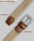 Men's Golf Belt Braided Woven Stretch Belt Multi Pack Gift Ready Casual Jeans Sports And Work Fully Adjustable With Direct Lock In Strap For All Day Comfort Beige close-up showing buckle and stitched leather accents.