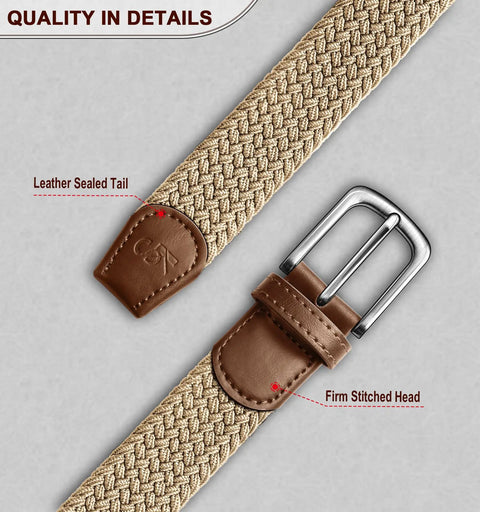 Men's Golf Belt Braided Woven Stretch Belt Multi Pack Gift Ready Casual Jeans Sports And Work Fully Adjustable With Direct Lock In Strap For All Day Comfort Beige close-up showing buckle and stitched leather accents.