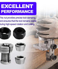 Collet Nut Kit Replacement for Makita Tools fits one quarter inch and 6mm collets in use with router, highlighting excellent performance.