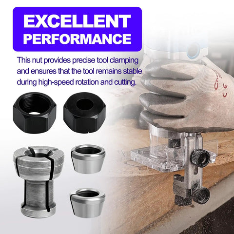 Collet Nut Kit Replacement for Makita Tools fits one quarter inch and 6mm collets in use with router, highlighting excellent performance.
