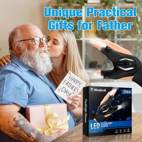 LED Flashlight Gloves For Men Dad Gift Night Work Gear With Illuminated Fingers, Camping Must Have For Him, shown with gift box.