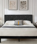 Queen Size Platform Bed Frame With Velvet Upholstered Headboard Featuring Modern Rivet Grid Pattern And High Density Foam for bedroom decor.