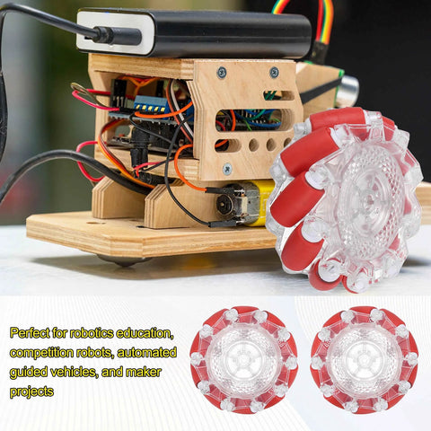 MECCANIXITY 66mm red ABS rubber Mecanum wheels with clear hubs; pair for DIY robot cars.