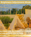 Connectable 200 LED String Lights Indoor Outdoor with Timer, illuminating outdoor teepee scene with clear wire, 13 modes.