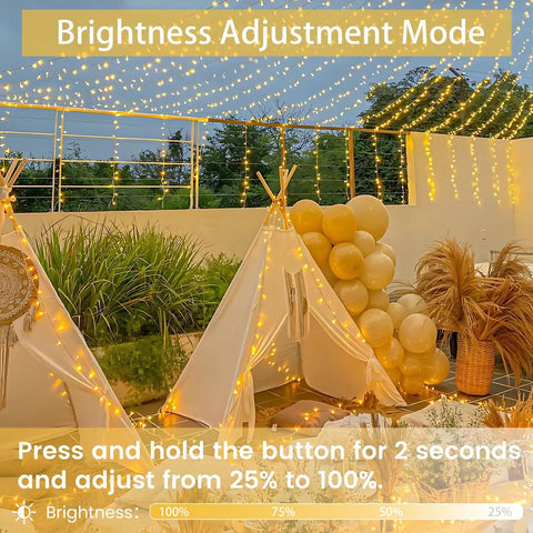 Connectable 200 LED String Lights Indoor Outdoor with Timer, illuminating outdoor teepee scene with clear wire, 13 modes.