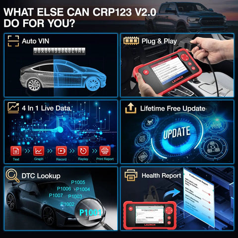 CRP123 V2.0 OBD2 Diagnostic Scanner For Engine ABS SRS And Transmission with airbag codes and updates displayed on screen