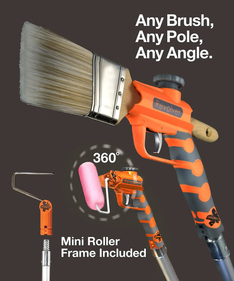 Revolver 2in1 Paint Brush Extender And Roller Holder For High Ceilings And Corners, 360 Reach, attached to threaded pole.