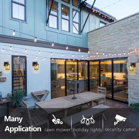 Outdoor Motion Sensor Lights With GFCI Outlet, Dusk To Dawn Exterior Wall Mount Sconce illuminating patio at dusk