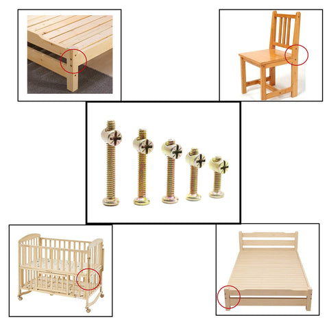 1/4-20 Zinc Plated Hex Socket Cap Bolts And Barrel Nuts Assortment Kit With Wrench And Storage Box For Cribs Beds Cots And Chairs Ideal Hardware Replacement Set For Baby Furniture shown installed on crib, chair, bed in separate images