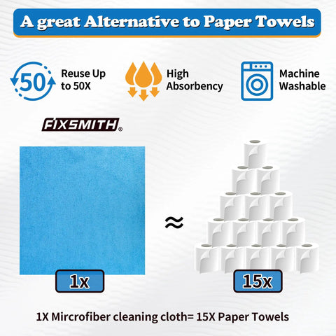 Ultra Absorbent Microfiber Cleaning Cloths Pack Of 12 For Cars And Home, Lint Free Scratch Free Towels next to paper towel rolls.
