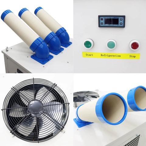 Heavy Duty Industrial Spot Cooler 29800 Btu Portable Ac Unit 220 Volt showing exhaust pipes, control panel, and fan for effective cooling.
