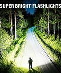 Person illuminating forest path at night using 4 Pack Rechargeable LED Flashlights With 990,000 Lumens Ultra Bright Go To Light.