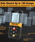 Laser Distance Measurer With 215 Ft Range, Diagonal Measuring Extension, And Mute Beep For Quiet Spaces, 100 Group Memory And Add Subtract Calculations, Ideal For Builders, Contractors, And DIYers. Front view with display and buttons.