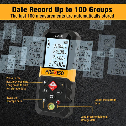 Laser Distance Measurer With 215 Ft Range, Diagonal Measuring Extension, And Mute Beep For Quiet Spaces, 100 Group Memory And Add Subtract Calculations, Ideal For Builders, Contractors, And DIYers. Front view with display and buttons.