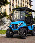 Smooth Operator Four Seater Electric Golf Cart Fueled By A Rock Solid 48 Volt 150 Ah Lithium Battery, features modern blue design and off-road tires.